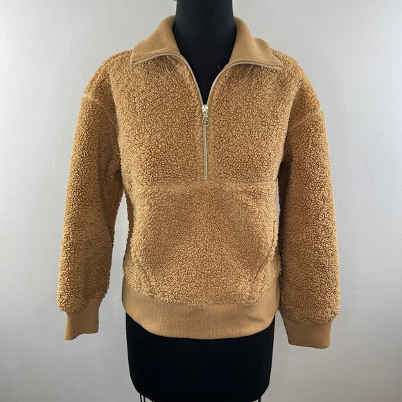 JOY LAB Womens Tan Sherpa Fleece Teddy Half Zip Pullover Cropped Jacket Size XS - Picture 2 of 10